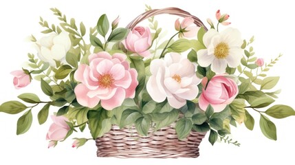 Watercolor Floral Illustration: Basket with Leaves and Bouquets for Wedding Stationery AI Generated
