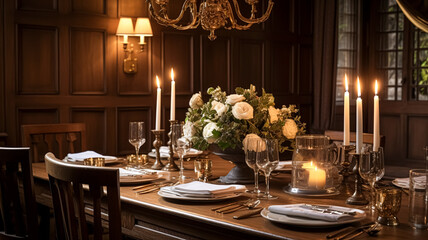 Holiday celebration table decor, festive tablescape in dining room, candles and flowers decoration for formal family dinner in the English country house, countryside interior design