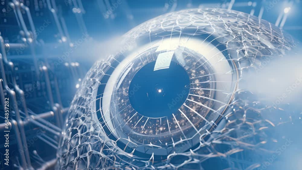 Poster a robotic eye with aipowered technology watching over a network of connected computers. . .