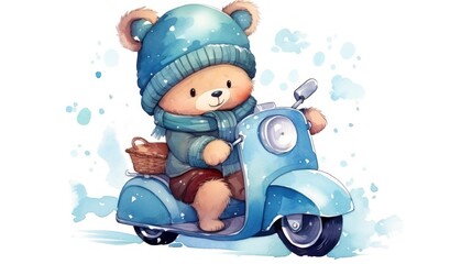 Cute teddy bear on a blue scooter. Watercolor illustration Generative AI
