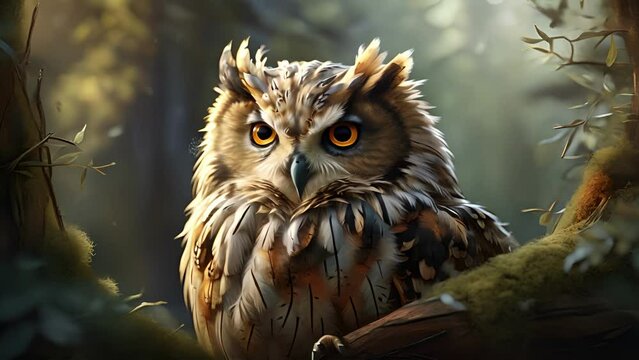 Closeup animation of Owl with fluffy feathers, looking cozy and content in a tree hollow. .