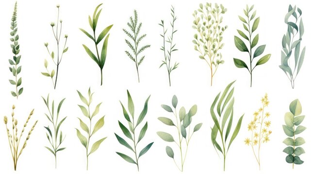 Set of watercolor hand drawn herbs and plants. illustration. Generative AI