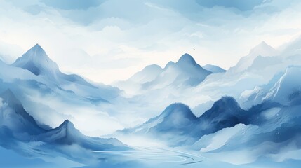 Fototapeta na wymiar Winter mountain landscape with snow and ice. illustration in blue colors. Generative AI