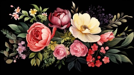 Beautiful vector image with nice watercolor bouquet of flowers on black background Generative AI