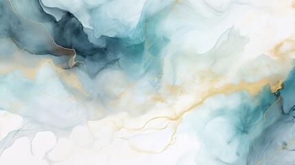 Marble abstract background with gold and blue paint. Alcohol ink texture. Generative AI