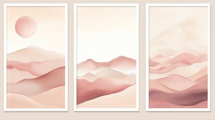 Set of three vertical banners with watercolor mountains and sun. illustration. Generative AI
