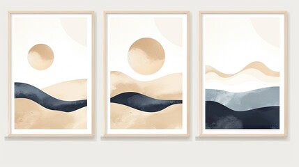 Set of three abstract contemporary art posters with hand drawn watercolor shapes. Generative AI