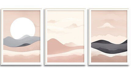 Set of three vertical banners with mountains, hills, sea and sun. illustration Generative AI