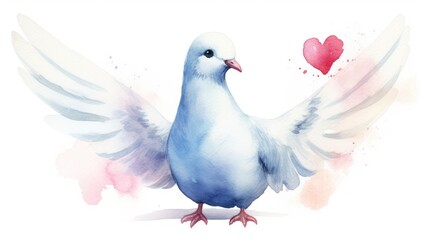 Watercolor dove with wings and heart. Hand painted illustration isolated on white background Generative AI