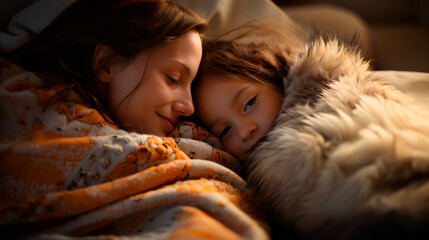mother lying in bed sleeping relaxing with her child 
