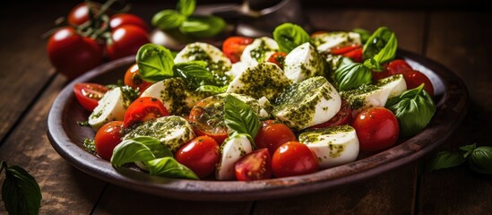 Italian caprese salad with pesto sauce, comprising fresh mozzarella, tomatoes, basil, olive oil, arranged Mediterranean vegetarian food, a wholesome dietary appetizer. - obrazy, fototapety, plakaty