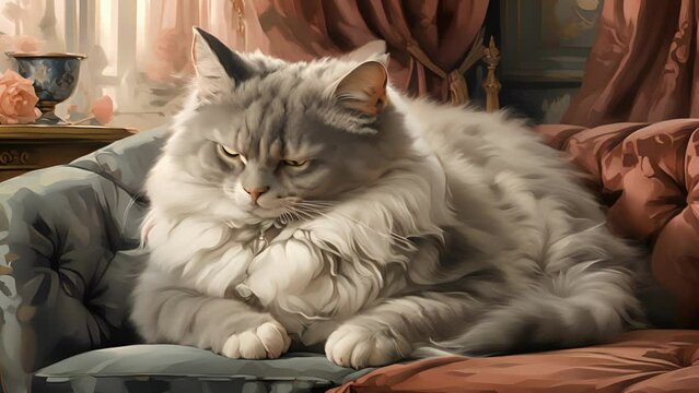Closeup animation of a fluffy grey and white cat, lounging on a plush velvet couch surrounded by elegant paintings and lush velvet curtains. .
