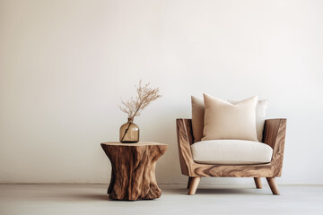 Lounge chair or armchair and wood stump side table on beige background with copy space. Rustic minimalist home interior design of modern living room. Generative AI. 
