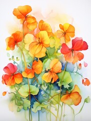 Vibrant Watercolor Nasturtium Leaves and Flowers Intertwined AI Generated