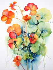Vibrant Watercolor Nasturtium Leaves and Flowers Intertwined AI Generated