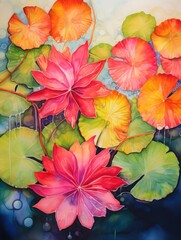 Vibrant Watercolor Lily Pad Leaf and Flower AI Generated