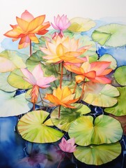 Vibrant Watercolor Lily Pad Leaf and Flower AI Generated
