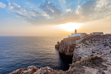 Sao  Vicente lighthouse at dusk. Algarve, Portugal