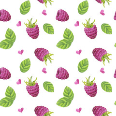 Seamless pattern pink raspberry, sweet berry with green leaves. Botanical food clipart. Hand drawn watercolor illustration isolated background. Printing on fabric, paper packaging