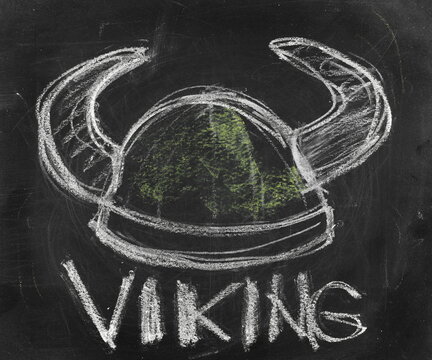 Icon viking, helmet hand draw chalk on chalkboard, blackboard texture