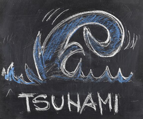 Icon tsunami, wave hand draw chalk on chalkboard, blackboard texture