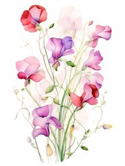Delicate and Soft Watercolor Sweet Pea Flowers AI Generated