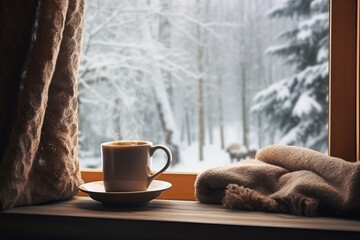 Having a relaxing day with a cup of warm tea , watching snow on the window , cozy cabin, wintery...