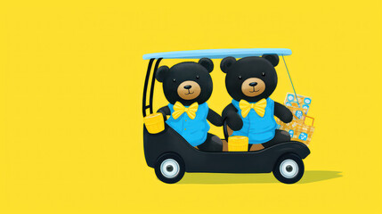 Two black bears with blue vests and yellow bows driving a golf cart, carrying gifts on a sunny background