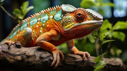 Fototapeta premium A Close-Up of a multicolored Chameleon on a Tree Branch
