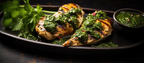Grilled homemade chicken with chimichurri sauce, ready to eat. - obrazy, fototapety, plakaty