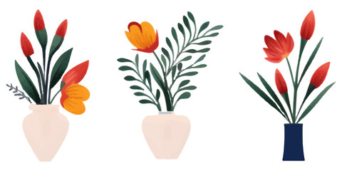 set of illustrations of flower vase elements