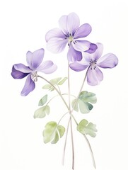 Fototapeta na wymiar Delicate Watercolor Violet Petals and Soft Leaves AI Generated