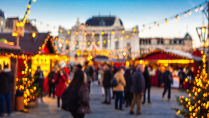 Intentionally blurred anamorphic photo of the Christmas market in front of the opera house at the ...