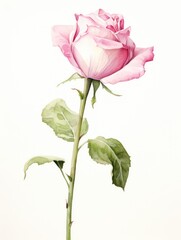 Delicate Watercolor Rose Bud Casting a Gentle Shadow on White Background AI Generated