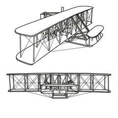 The Wright brothers' 1903 Flyer plane, side and front view, Hand drawn vector illustration of Classic Aircraft. Design for print, coloring book, Isolated on White Background