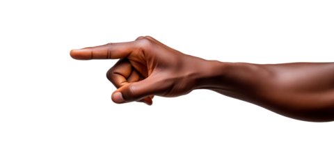 Black skin male hand pointing index finger, showing gesture, isolated on white background