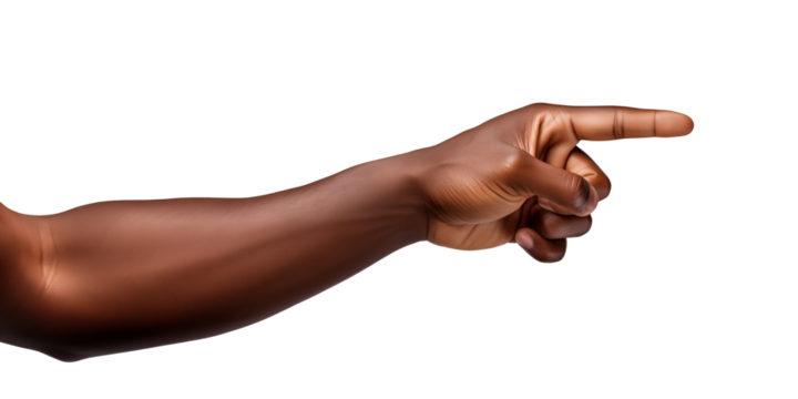 Black skin male hand pointing index finger, showing gesture, isolated on white background