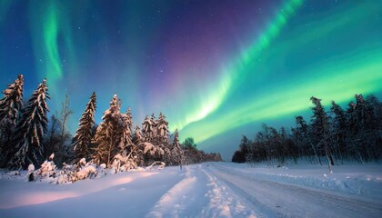 The Aurora Borealis, or northern lights, illuminates the winter forest. The sky comes alive with polar lights and stars Generated with AI