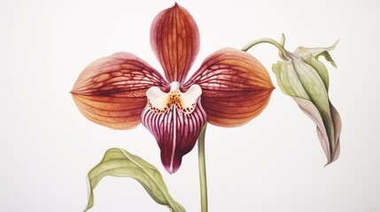 Watercolor Painting of Paphiopedilum Rothschildianum on White Canvas AI Generated