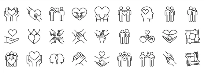 Foto op Plexiglas Friendship and love line icons set. care and charity concept editable stroke outline icons set, vector illustration on white background © Ainul