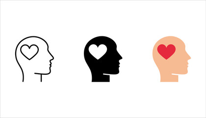 One line icon set thinking with heart concept. Human head, vector illustration on white background