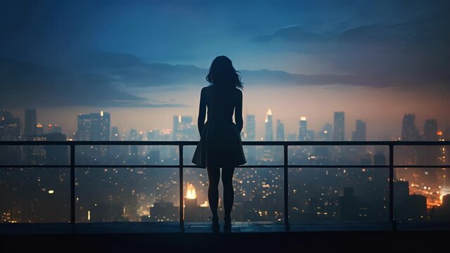 A young woman standing near the edge of the rooftop terrace silhouetted against the night sky and gazing out into the cityscape.