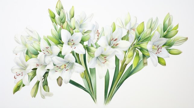 Watercolor Art of Ixia Viridiflora on White Backdrop AI Generated