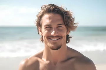 Fotobehang 浜辺に立つ笑顔の白人男性 © kaguyahime