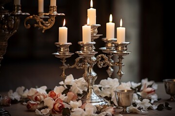 A silver candelabra with white candles, set on an elegant table with rose petals scattered around