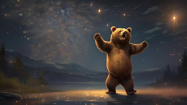 Closeup animation of a carefree Brown Bear dancing under the ling stars in the night sky. .