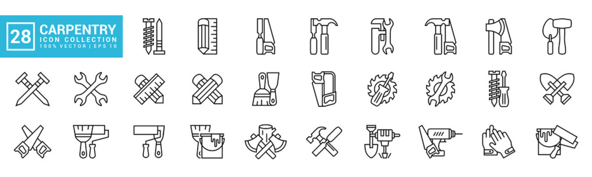 Set of icons related to carpentry tools, various painting tools, carpenter icon templates, mechanic icons editable and resizable EPS 10