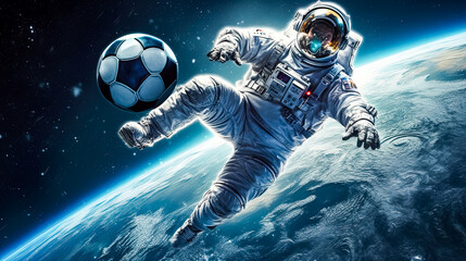 an astronaut in a spacesuit controls a football