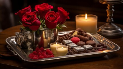 Obraz na płótnie Canvas A silver tray with gourmet chocolates, surrounded by soft candlelight and red rose petals