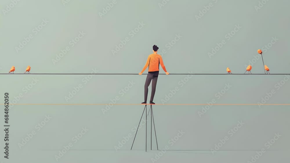 Aufkleber minimal flat motion of a person balancing on a tightrope, trying to maintain their online image and 